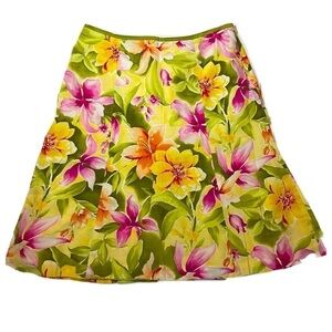 VTG Talbots Vibrant Yellow Pink Floral Print Midi Skirt 14 summer or spring
